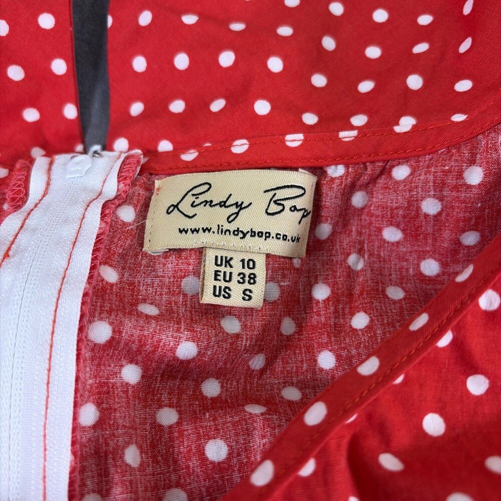2) Lindy Bop Womens Fit N Flare Dress Small Blue & Red Polka Dots Rockabilly - Picture 6 of 11
